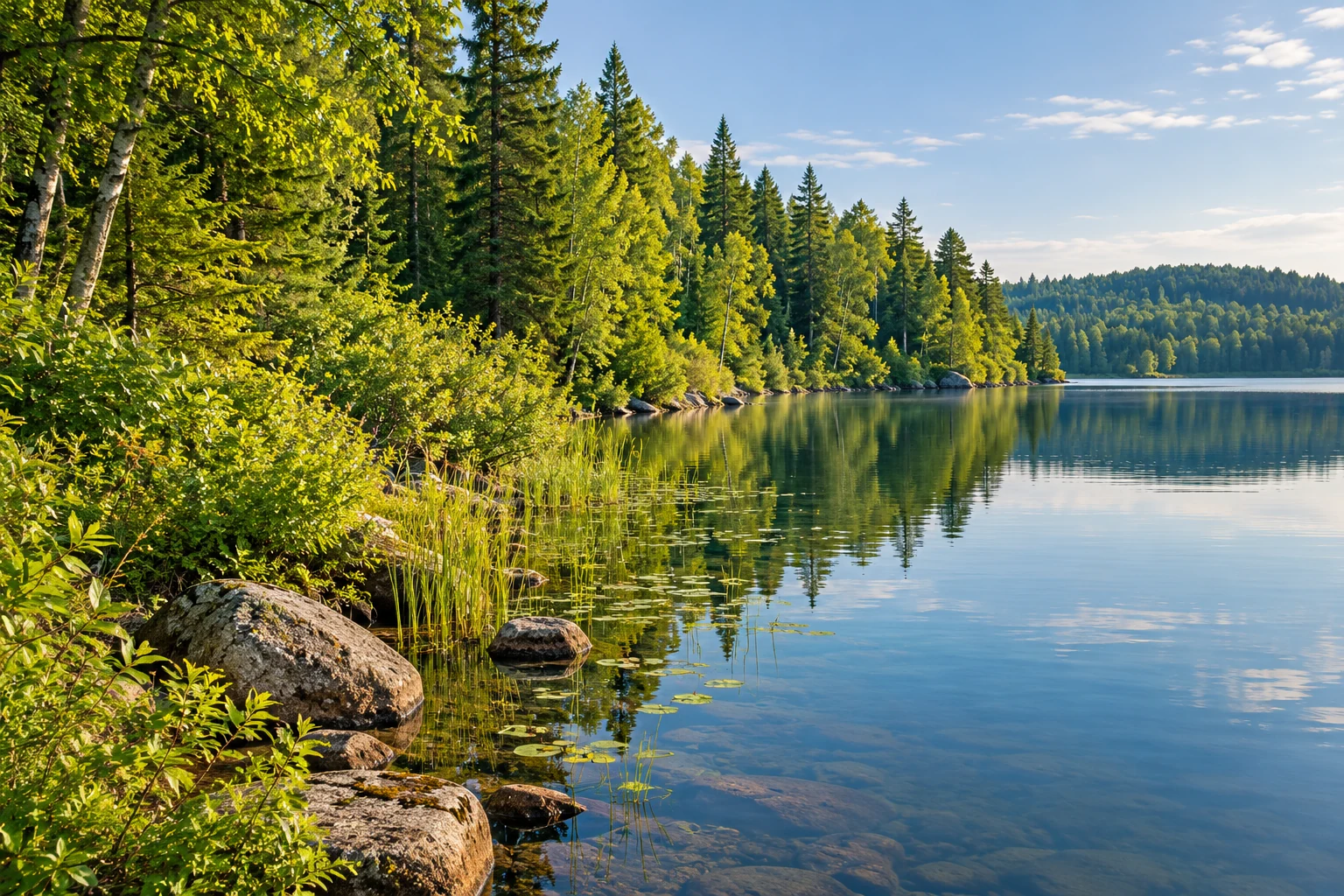 Illustration d’une rive boisée bordant un lac, avec des arbustes, des herbacées et quelques plantes aquatiques.